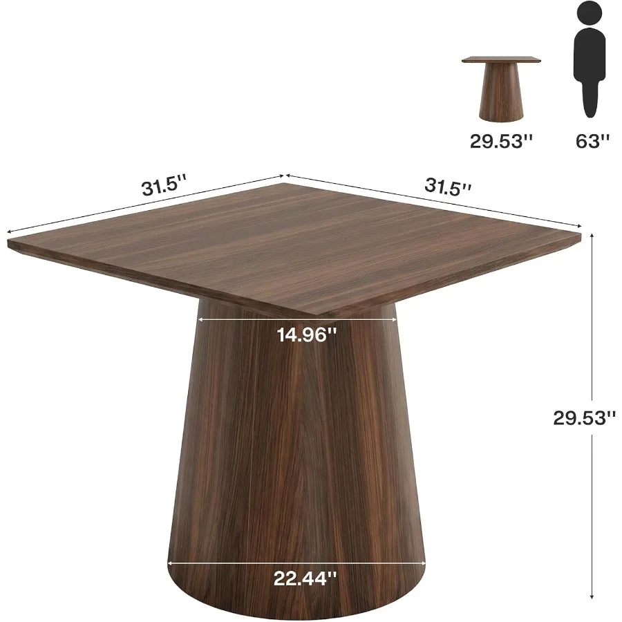 Square dining table for small spaces, solid wood with mid-century modern design, walnut finish, pedestal base for compact apart