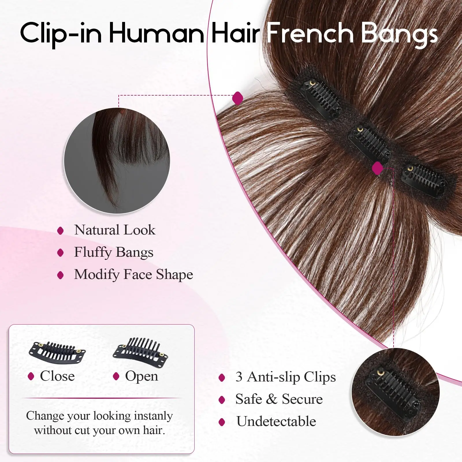 100 % Echthaar-Pony-Clips in Air Fringe Bangs Haarteil für Frauen Dunkelbraun Remy Echthaar-Pony-Haarverlängerung 4,5 Zoll