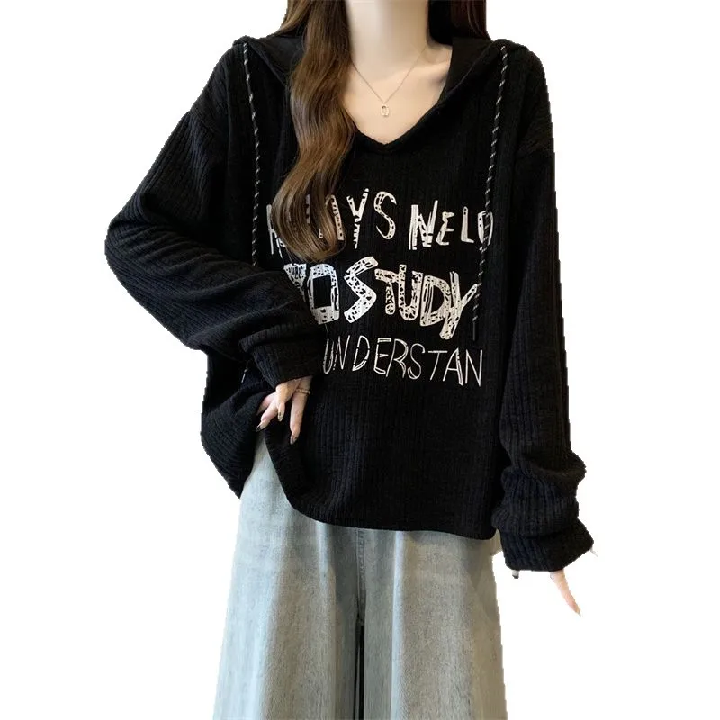 

Plus Size Women Spring Autumn Winter New Hooded Long Sleeve V Neck T Shirt Unique Design Letter Printed Loose Slimming Outer Top