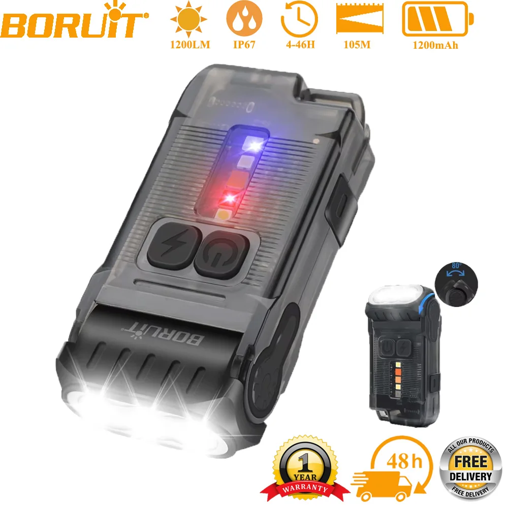 BORUiT V15 EDC Flashlight Keychain Light 1200LM Type-C Rechargeable Portable Mini Torch With Magnet Clip Camping Pocket Lantern