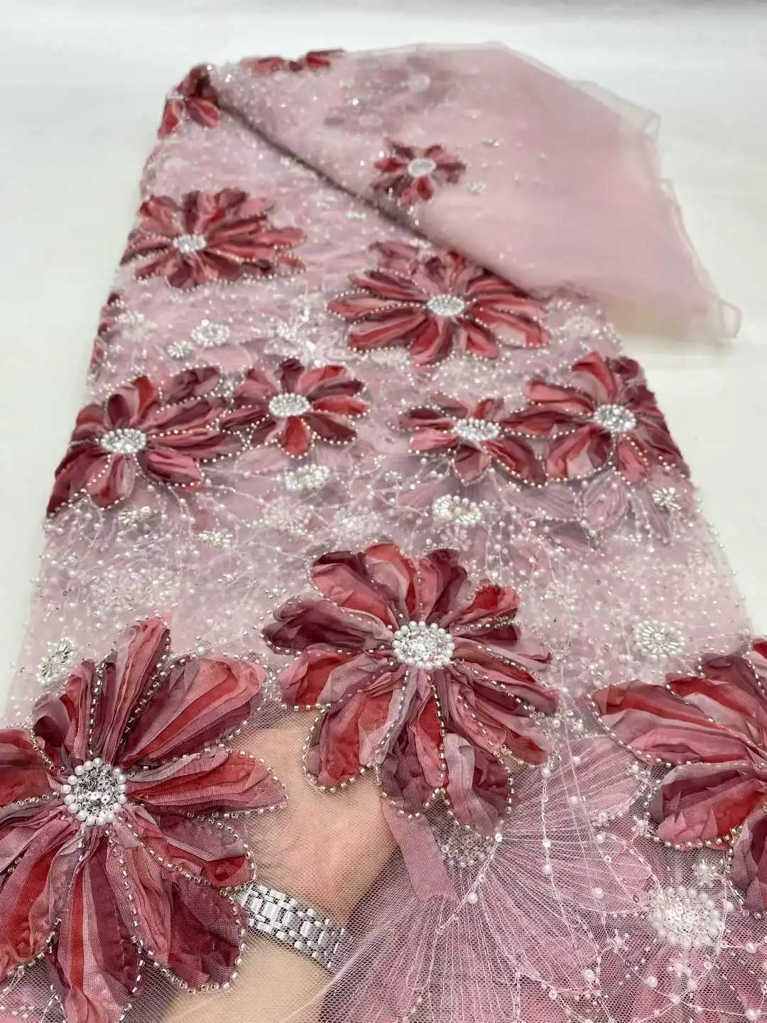 

Tulle Lace Hot Sale Fabric With Beads Sequins 2025 New African Nigerian French for High End Wedding Party Bride Sewing Dress