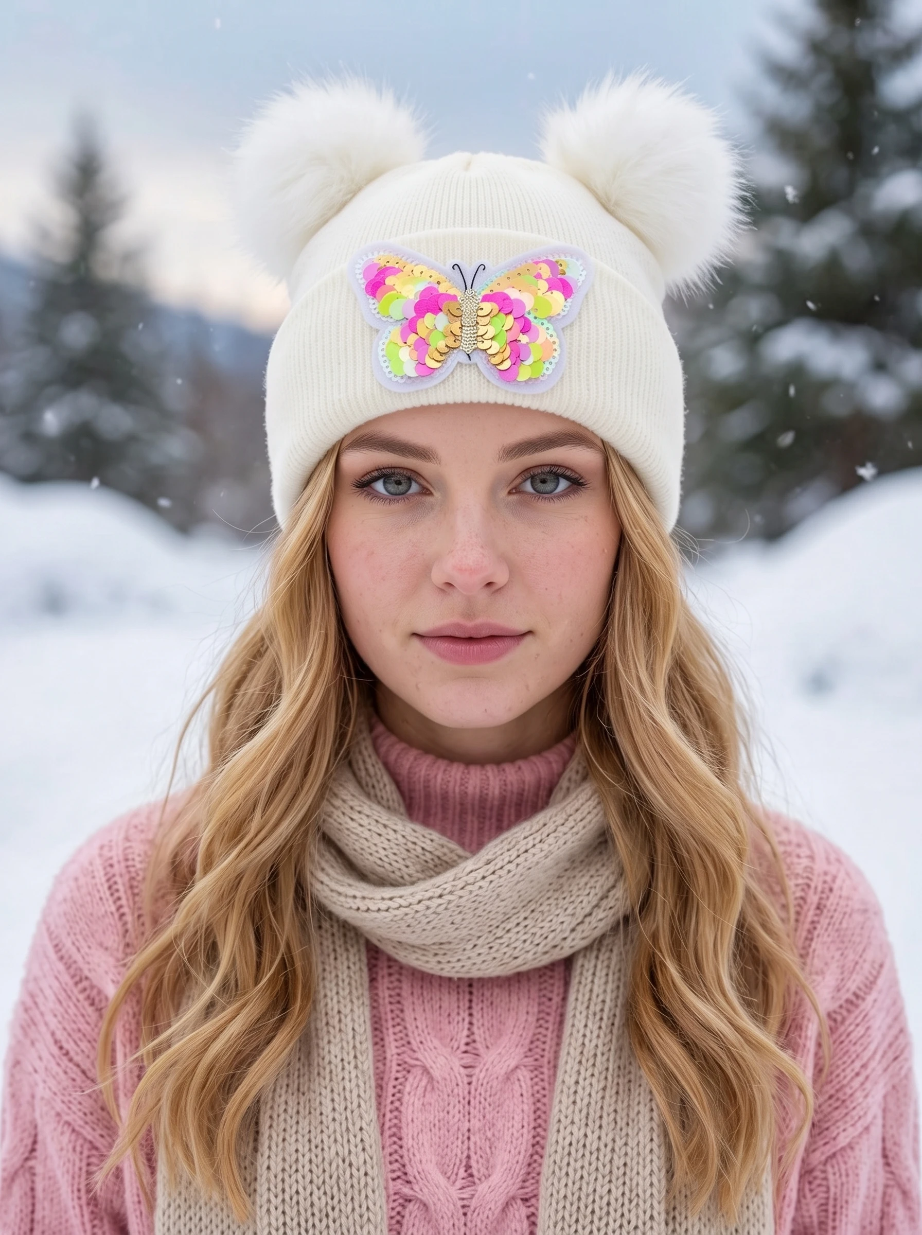 1Pcs Women Double Pom Pom Knit Beanie, Cute Hat With Sequin Embroidered Butterfly, Fashion Soft Knitted Hat
