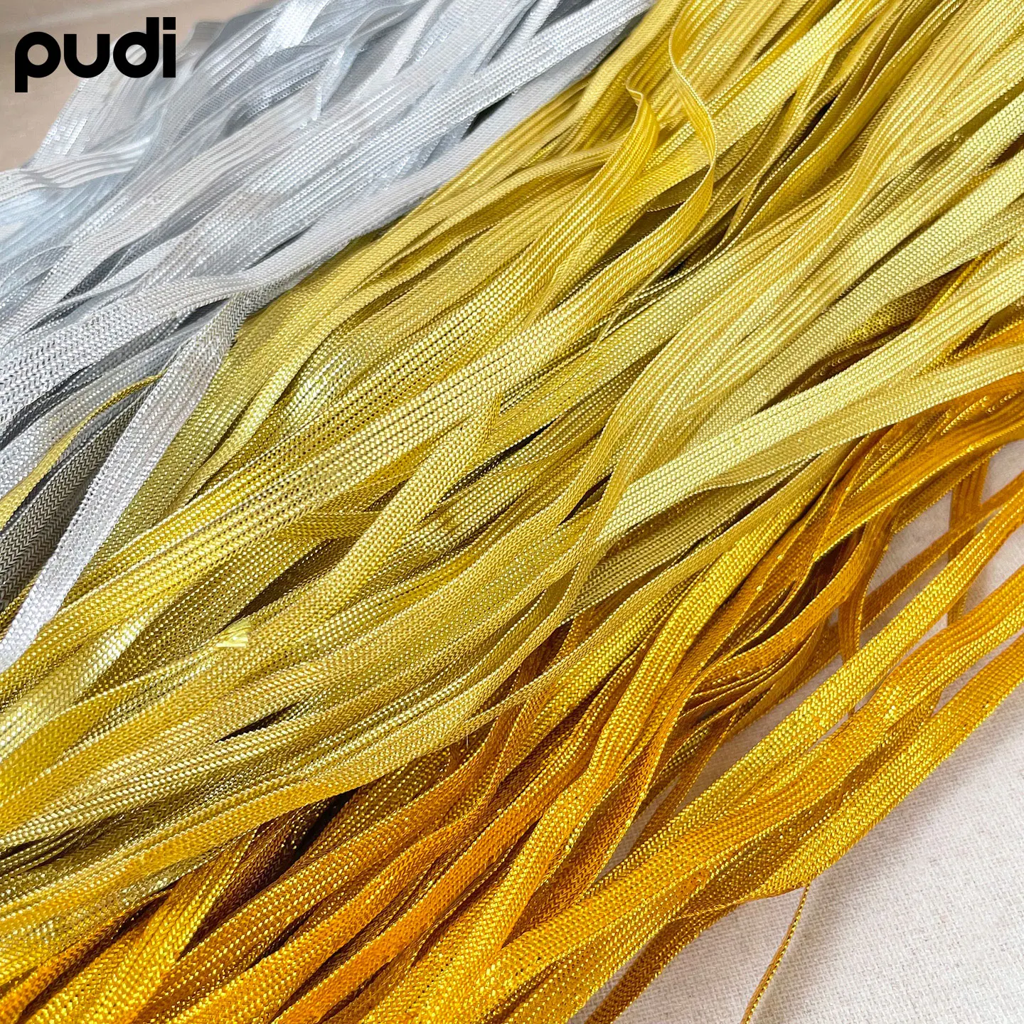 Pudi 50 Yards Gold and Silver Flat Ribbon for Festival Lanterns, Decorative Ribbon with Gold Thread, Glitter Ribbon, Trim Accessories, Gold-Edged Ribbon