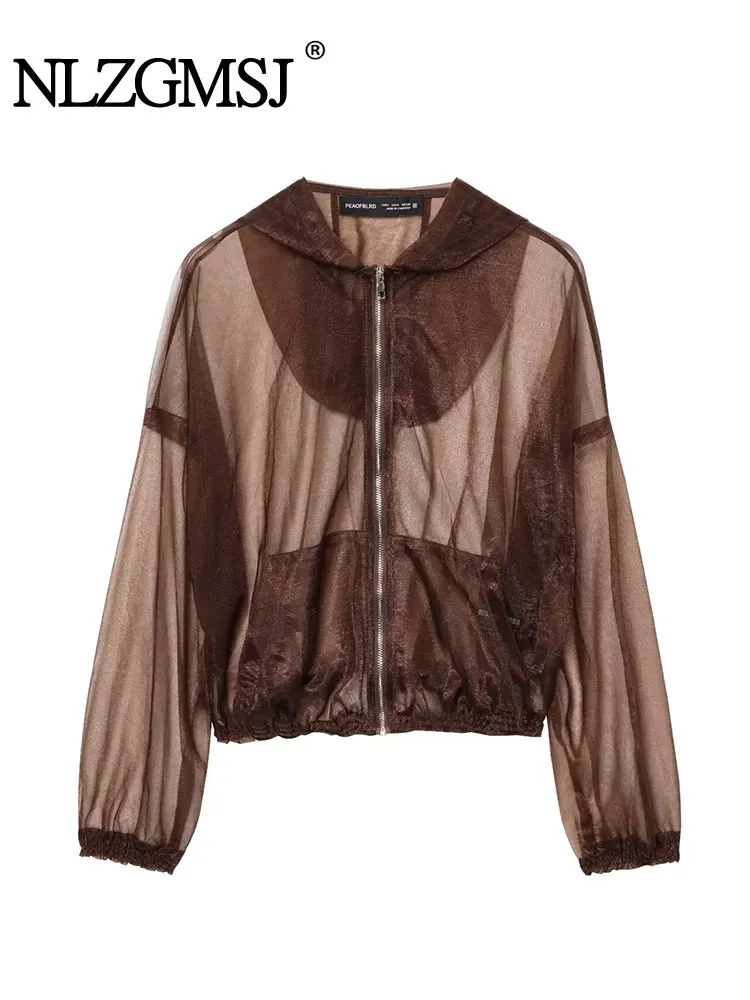 

2025 Summer Women's Organza Jacket Long Sleeve Cropped Coat Casual Zipper Hooded Jackets Streetwear