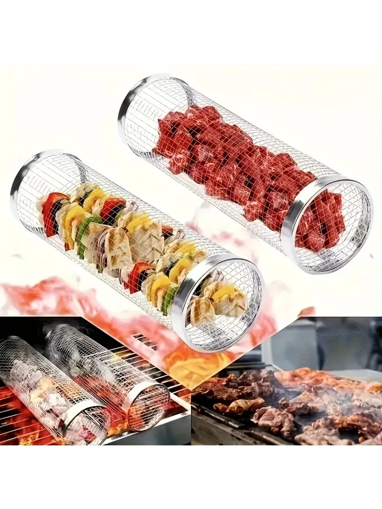 Ensemble de paniers de gril roulant en acier inoxydable, 2 pièces, maille cylindrique robuste pour Camping, pique-nique et accessoires de barbecue en plein air