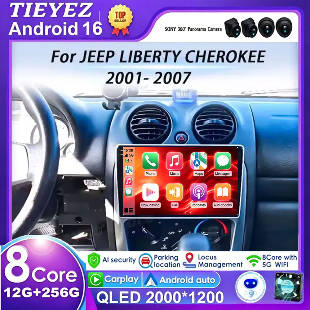 Android 16 Carplay Autoradio For Jeep Liberty Cherokee 2002-2007 with GPS Navigation 4G WiFi BT Car Multimedia Player