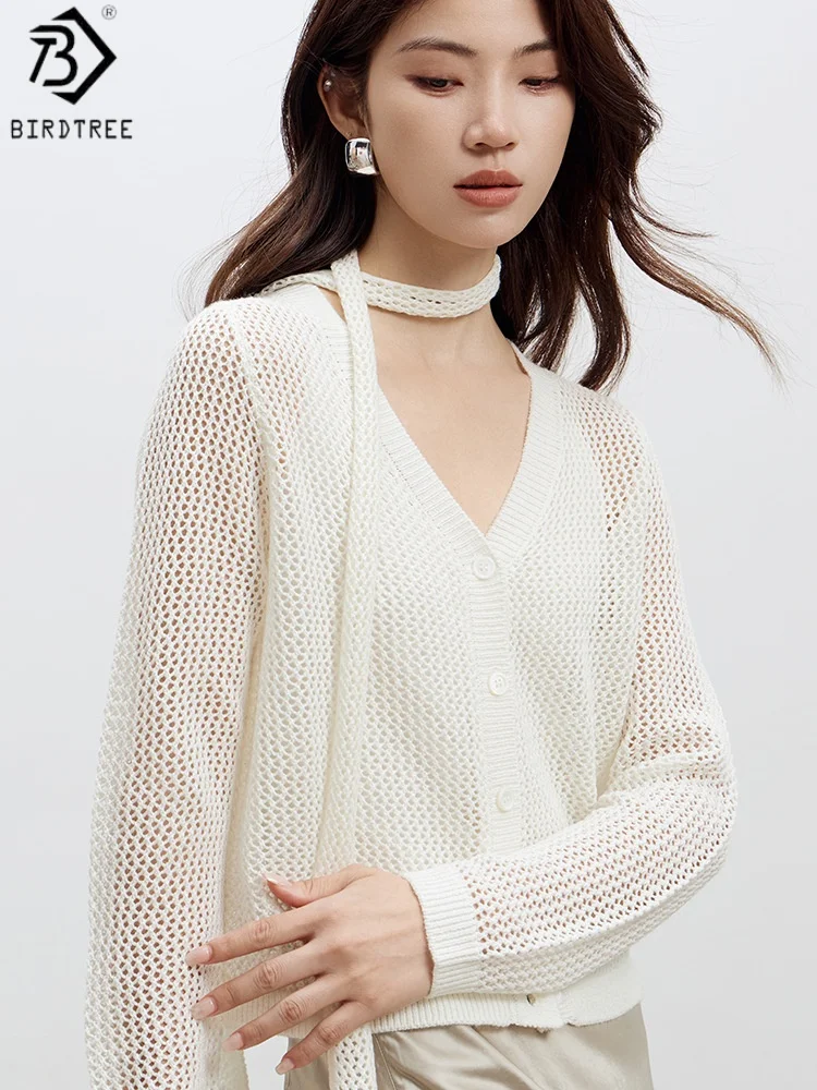 

Birdtree 17.2% Sheep Wool 43.2% Acrylic Smock Cardigan,Woman Wool Blend V-neck Hollow Ribbon Single Breasted Knit Coat T58804JF
