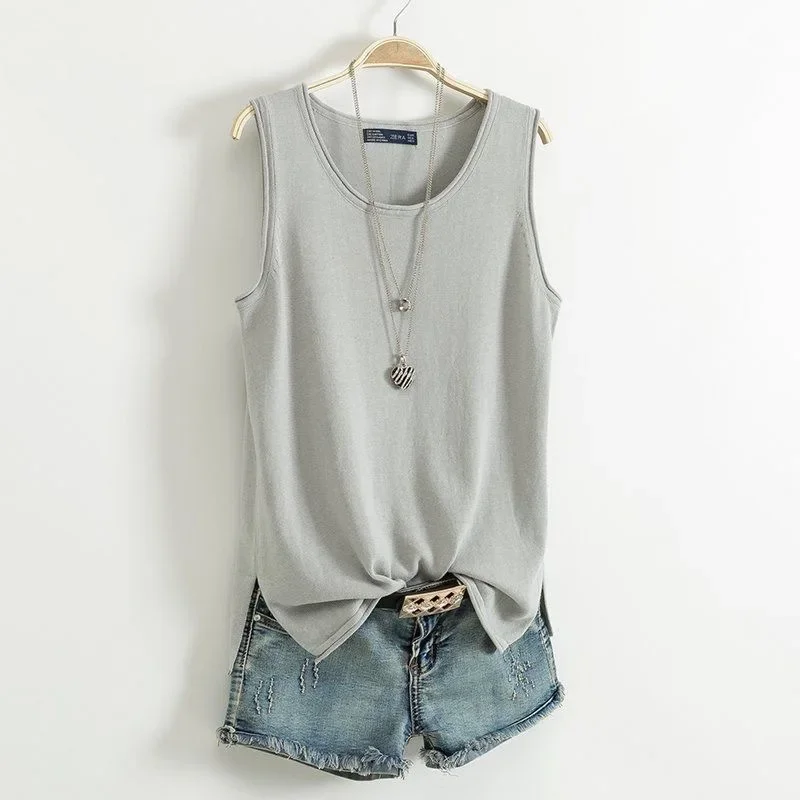 With thin round neck knitted cotton vest, girls\' sleeveless loose split bottomed top in summer