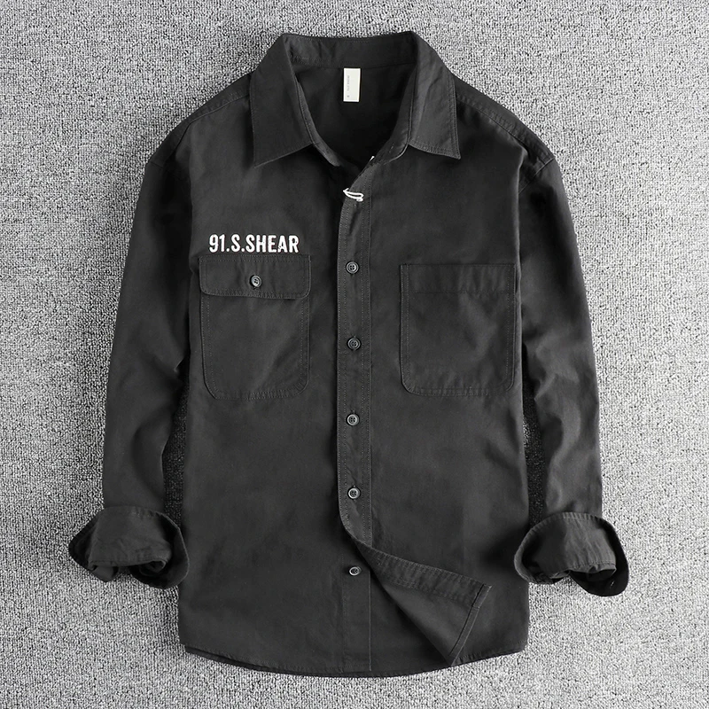 Autumn Japanese Retro Long-Sleeve Woven Letter Printed Cargo Shirt Men's Simple 100% Cotton Washed Double Pocket Casual Blouses