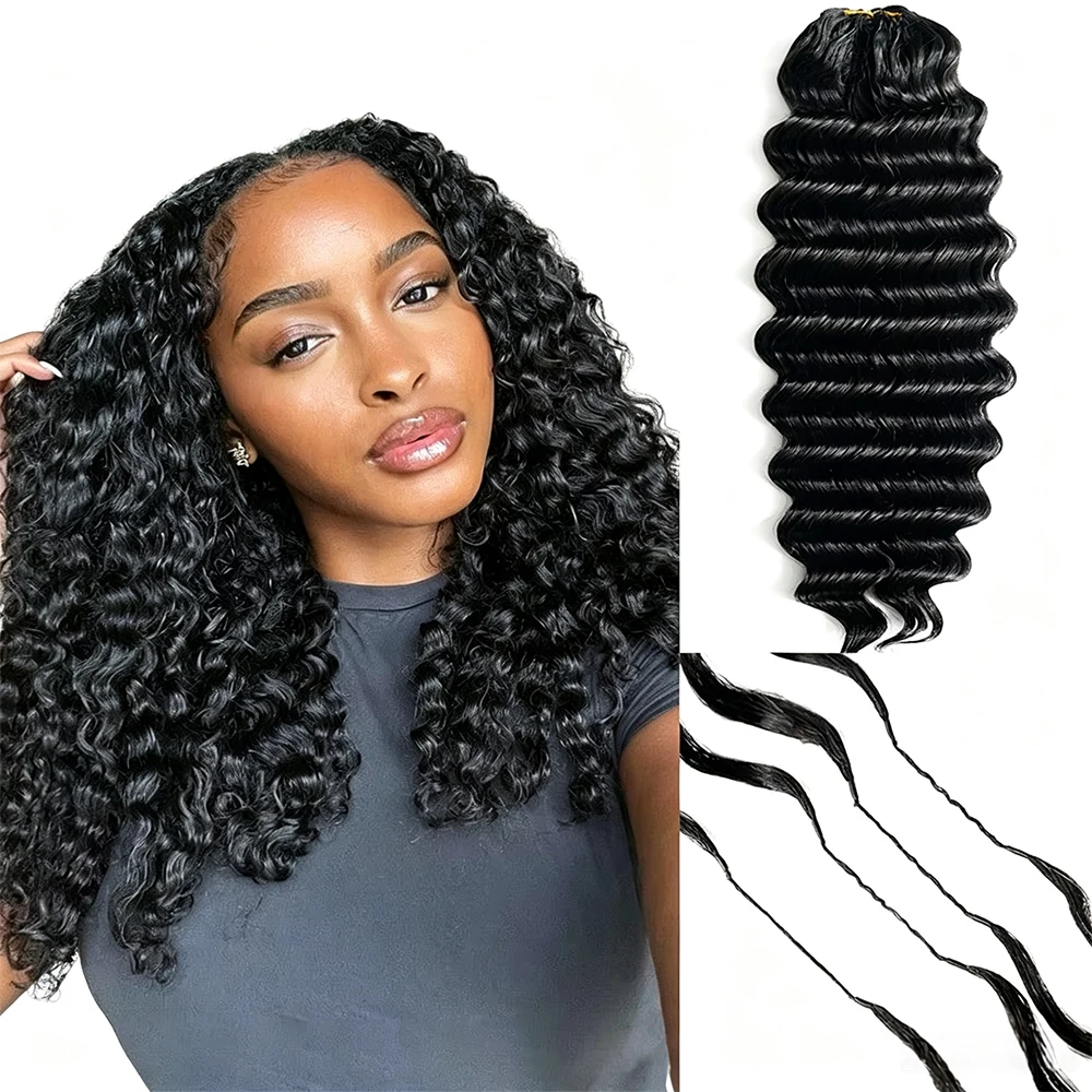 Deep Wave Crochet Hair Extensions Human Hair Knotless Pre-Separated Deep Wave Crochet Hair Natural Black Feather Hair Extension