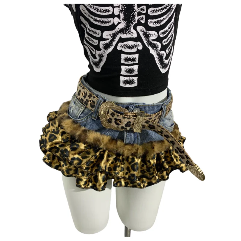 

Kawaii Готическая мини-плиссированная юбка с поясом и низкой посадкой, повседневные уличные юбки, джинсовая юбка с леопардовым принтом Spicy Girl, юбка Y2k