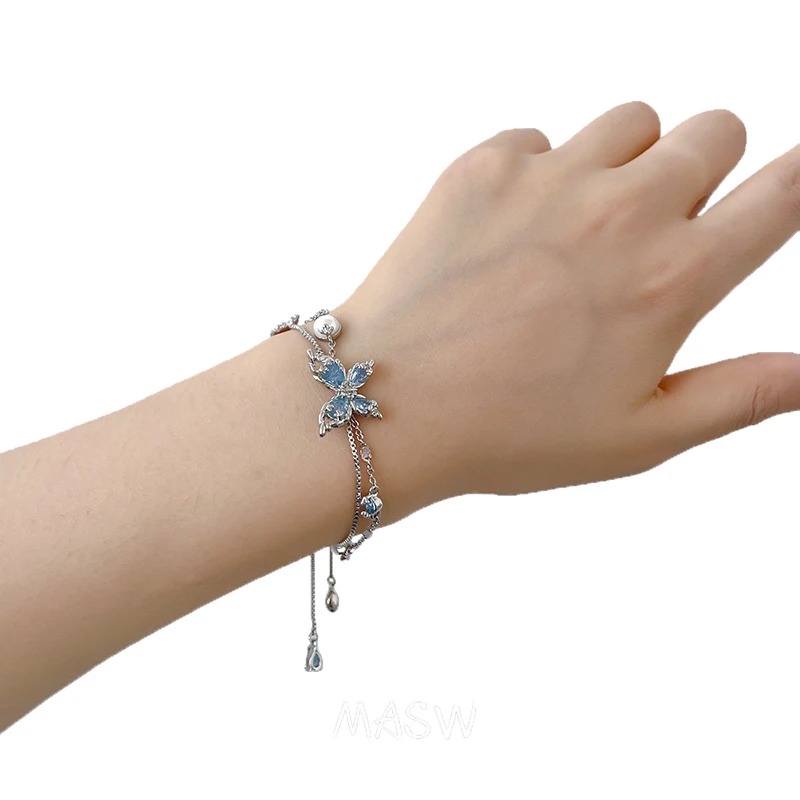 MASW original design high-end blue butterfly bracelet light luxury double-layer pearl jewelry