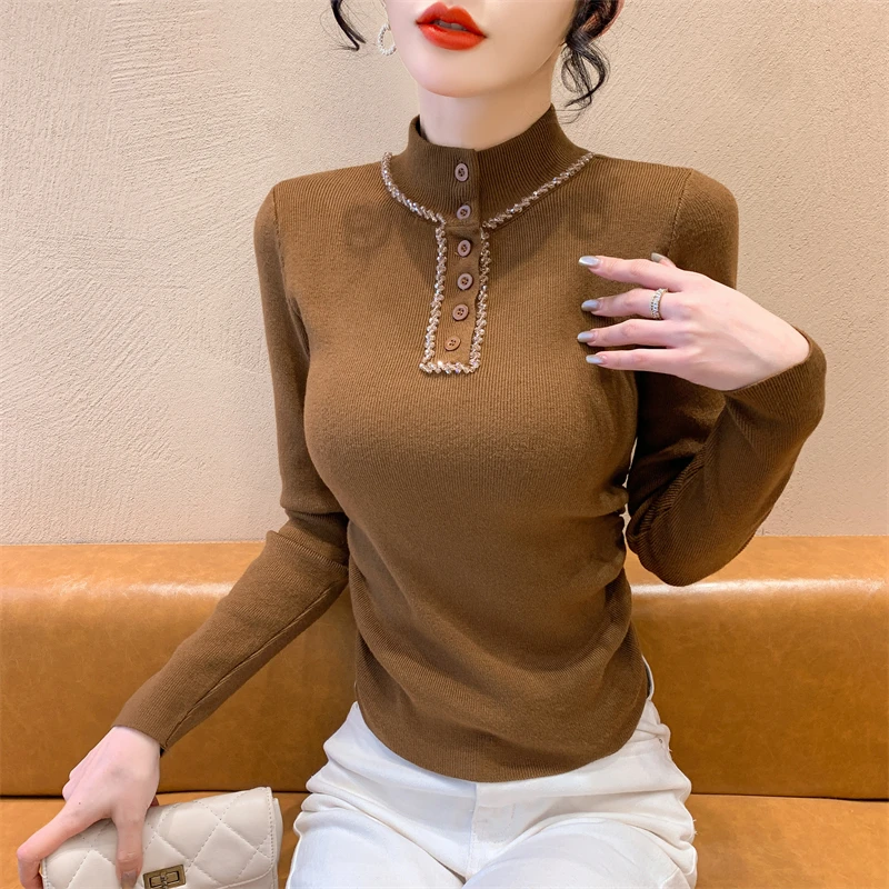 2024 Fall Winter Korean Style Knitted Sweater Chic Sexy Stand Button Hollow Out Shiny Beads Women Long Sleeve Elastic Tops 41040