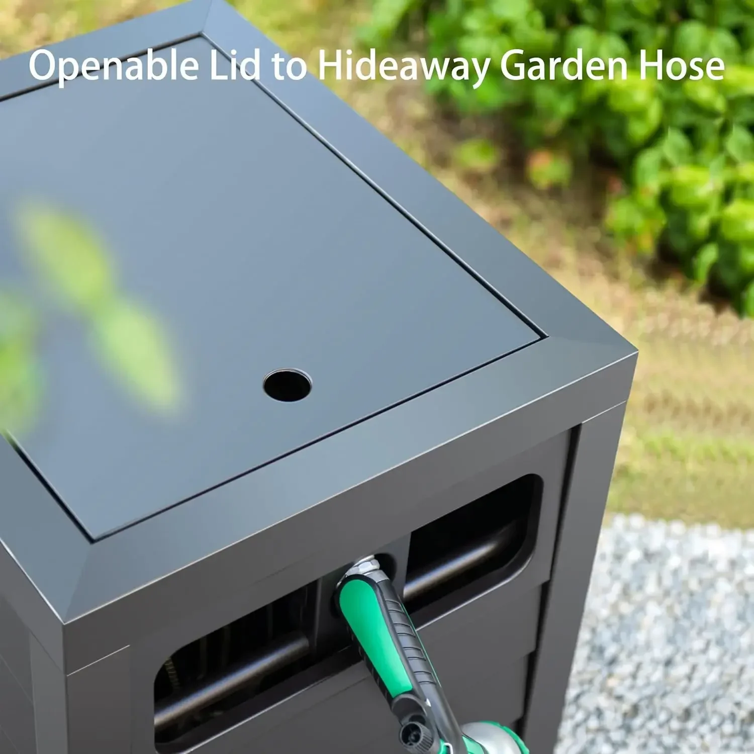 

[XMSJ]Metal Garden Hose Reel Deck box, Durable Steel Garden Hose Storage Box Cabinet, 150ft 5/8" Garden Hose Capacity.