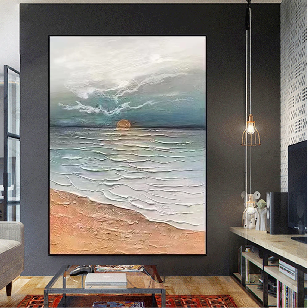 100% Handmade Ocean With Sunrise Landscape Oil Painting Abstract Knife Thick Canvas Paintings Decor Wall Art Pictures For Home