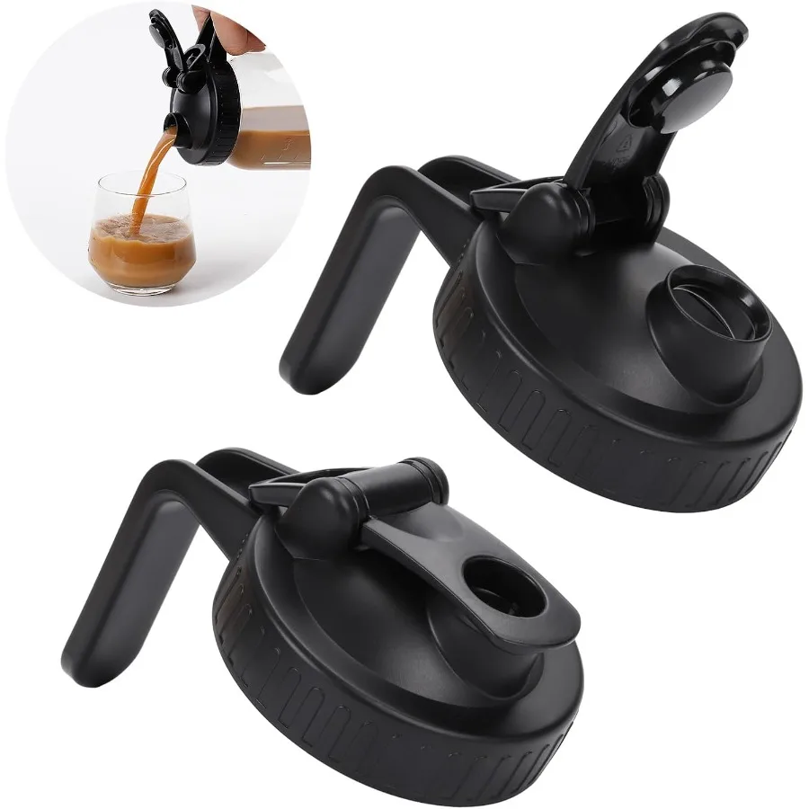 

Wide Mouth Mason Jar Pour Spout Lid - 2 Pack Black tight Pour Spout Lid with Handle Turns your Mason Jar into Pitcher BPA Free