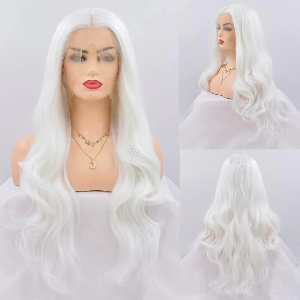 QW Silver Blonde Body Wave Synthetic Lace Front Wigs for Women Free Part Pre Plucked Natural Looking Daily Party Wear Wigs