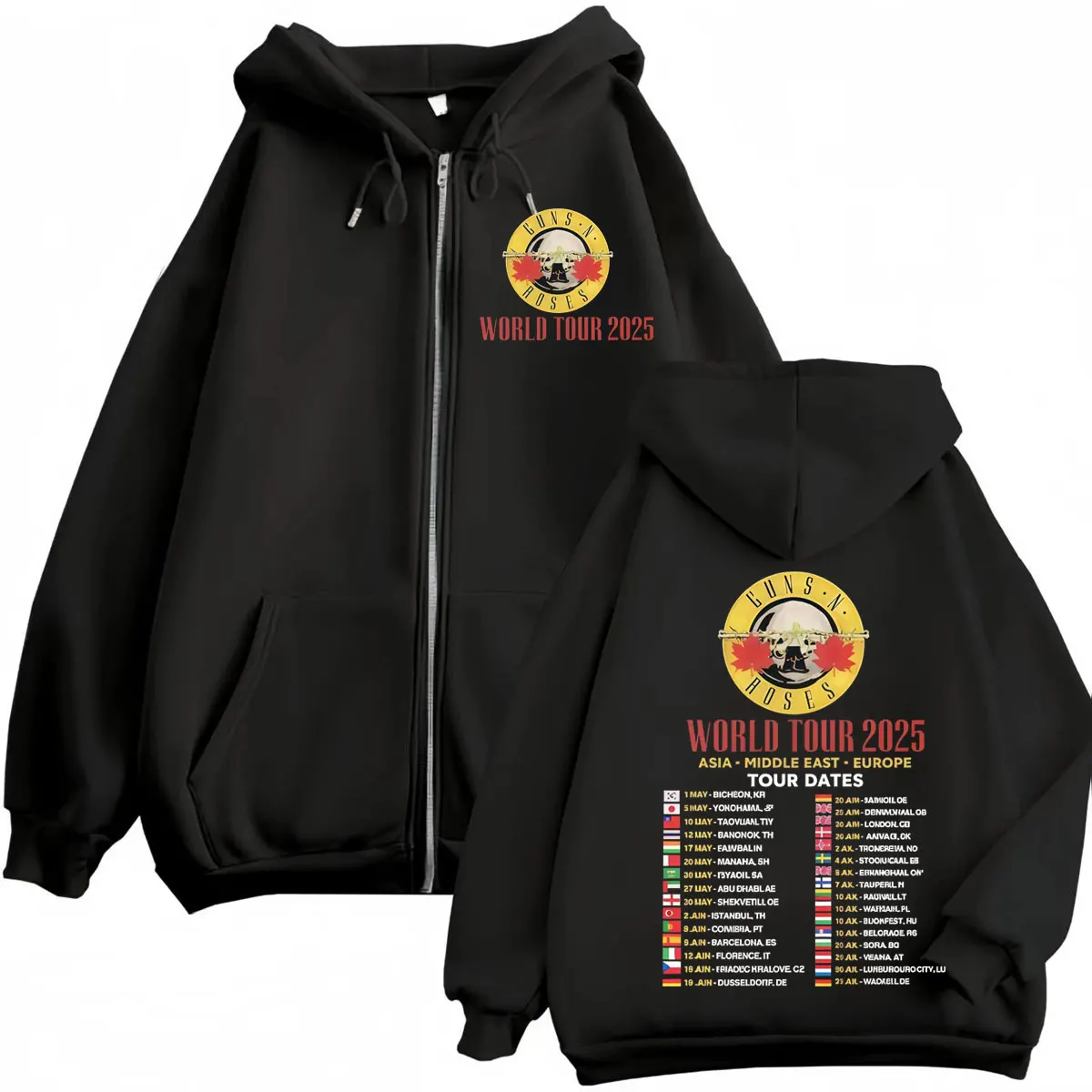

Rock Band Guns N Roses World Tour 2025 Zipper Hoodies Fashion Hip Hop Zip Up Hooded Sweatshirts Men Women Casual Loose Pullovers