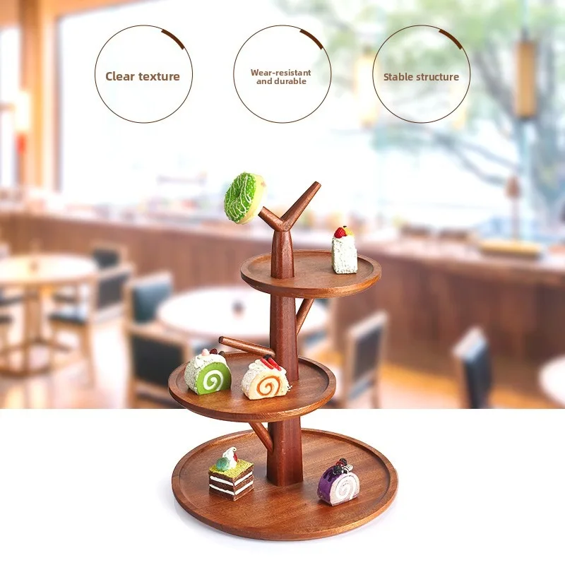 Wooden Fruit Basket Tray, 2 Tier Creative Chinese Style Food Display Stand, Rustic Serving Platter for Snacks Cold Meals Buffet