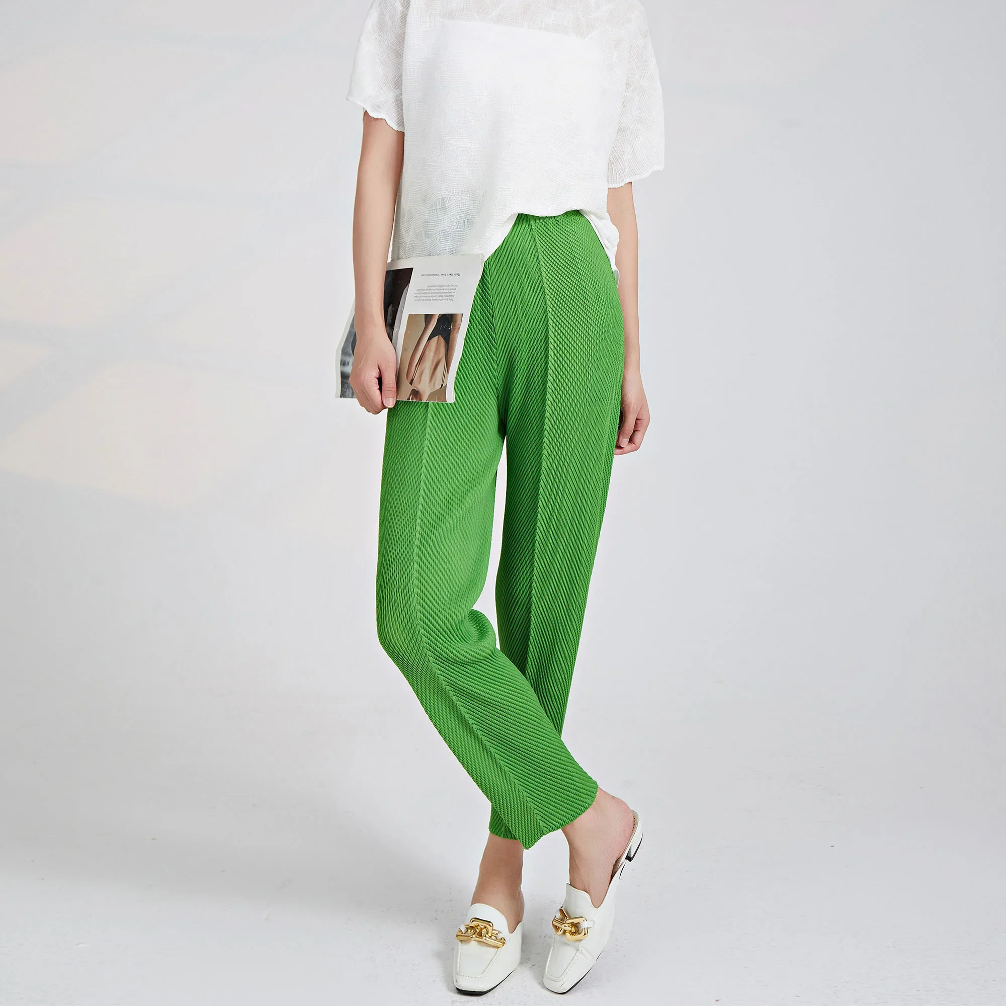 Miyake เอวสูงมังกรจีบกางเกง Cropped การออกแบบที่ไม่ซ้ํากันผู้หญิง Casual Skinny Fit ร้อนขายตกแต่งยืดหยุ่น