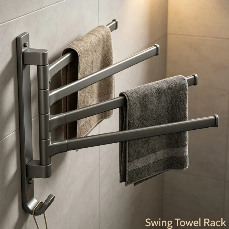 Rotating towel rack, bathroom towel storage hanger, bathroom corner towel, non-punching hanging rod, single rod, space aluminum