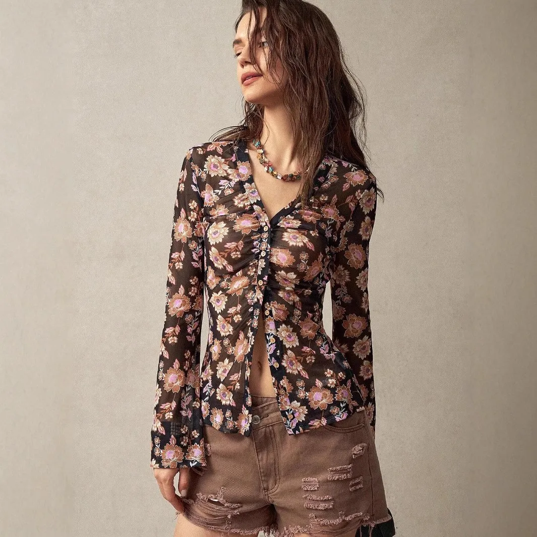 Printed Slim Fit Shirt Regular Length Graceful Commuting with Long Sleeve Ruched Detail Plant Floral Pattern Women Shirt