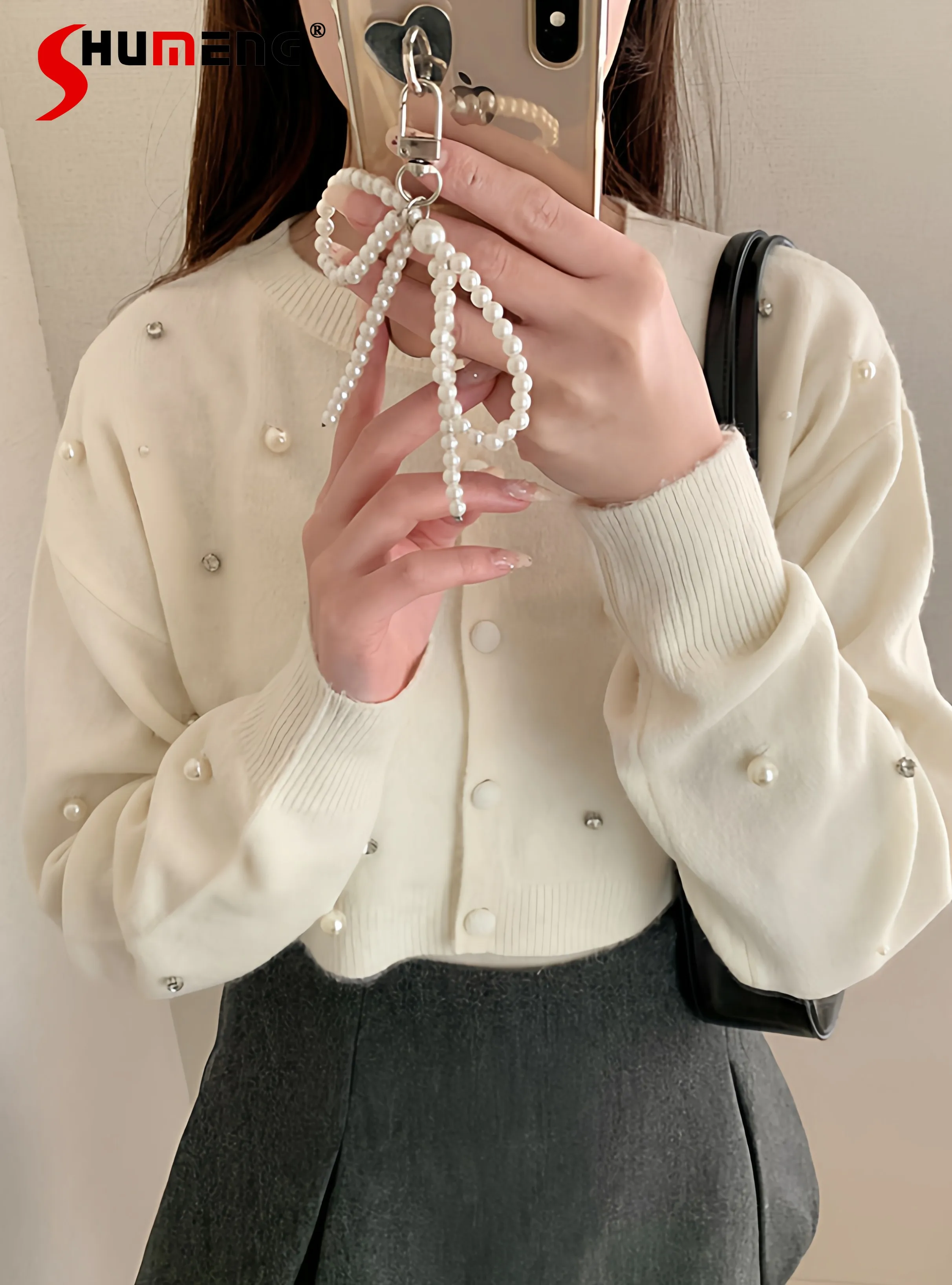 

Japanese Sweet Heavy Industry Beading Diamond Round Neck Long Sleeve Single-Breasted Versatile Short Knitted Cardigan for Women