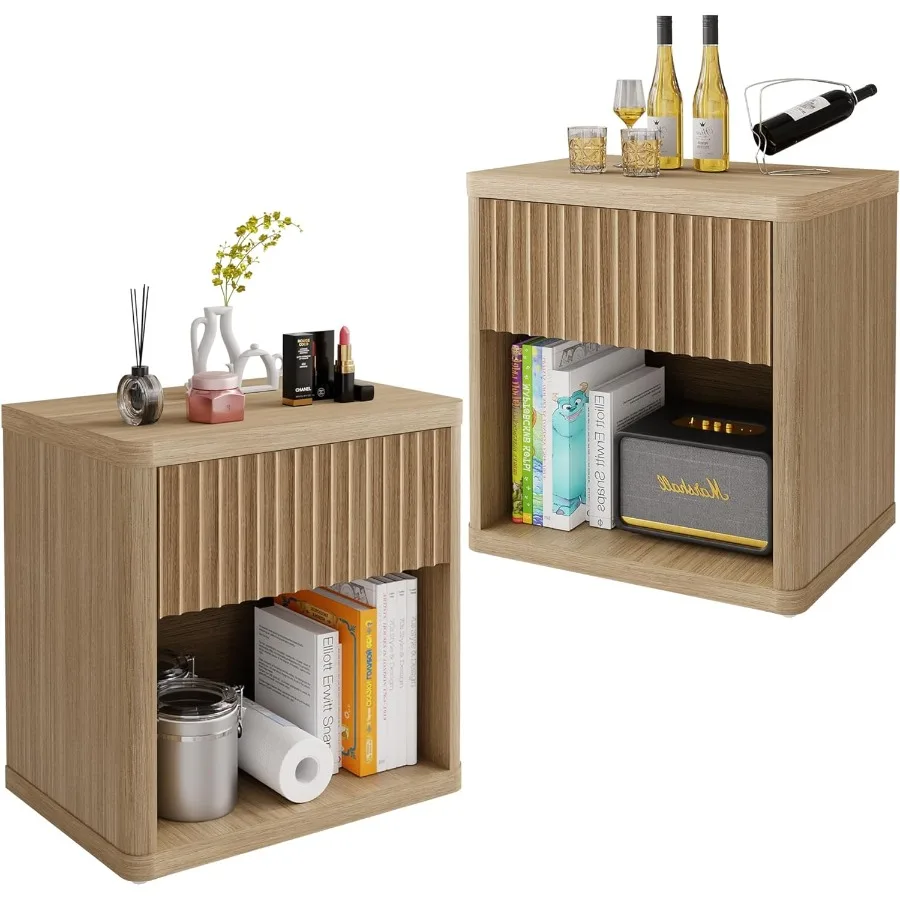 Night Stand Set of 2 22.8 Wide Fluted Nightstand with Drawer and Storage Mid Century Bedside Table End Table Large Modern Wood