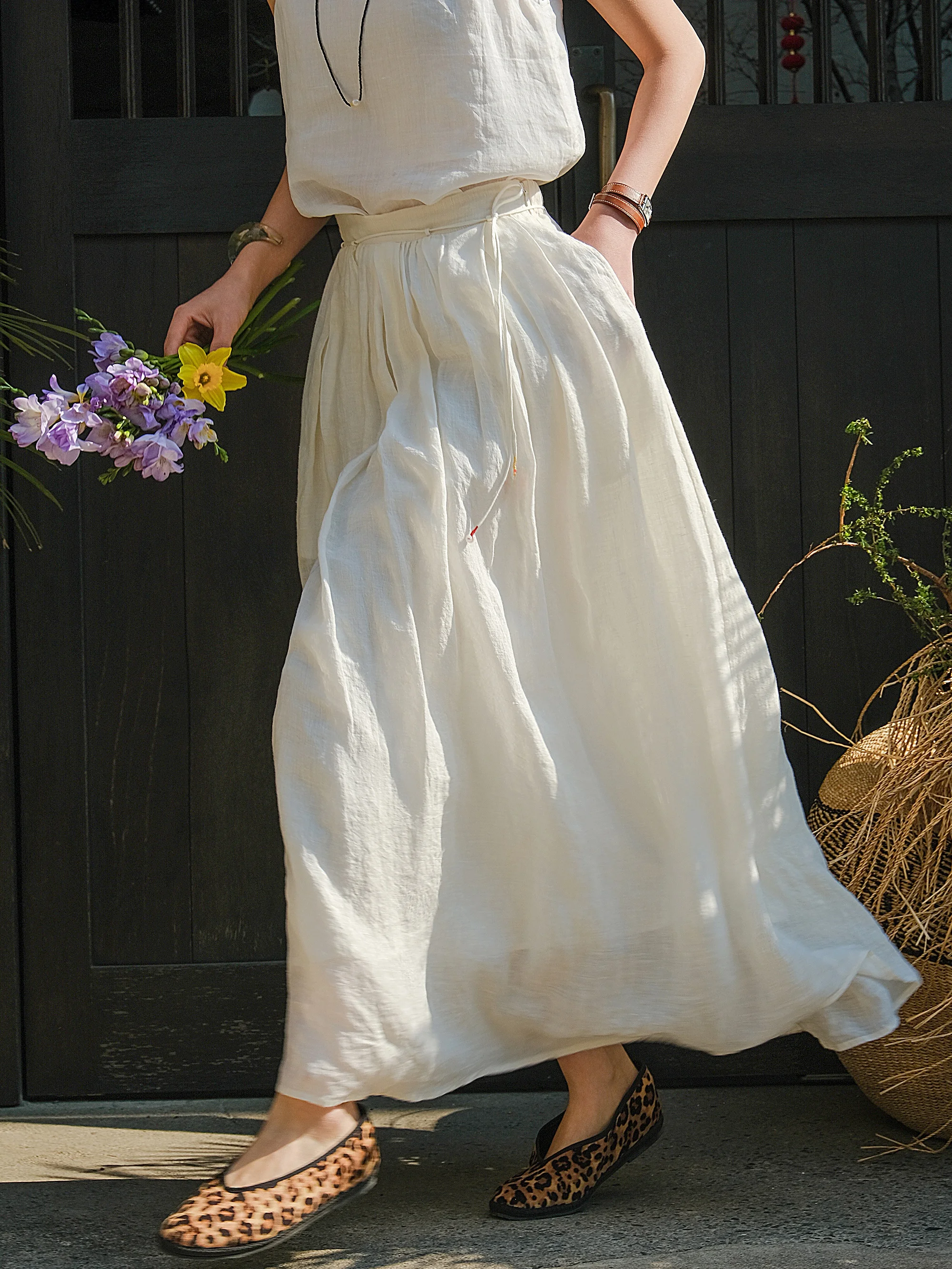 Handmade Hanflax Long Spun Airy Half Skirt Elastic Waist Decorative Belt Casual Loose Fit A-Line Skirt for Women