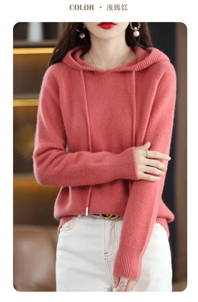 Mit kapuze Pullover Mode Frauen Herbst Winter Lange Ärmel Einfarbig Gestrickte Hoodies Dame Lose Kordelzug Casual Pullover Hoodie – Detail 8