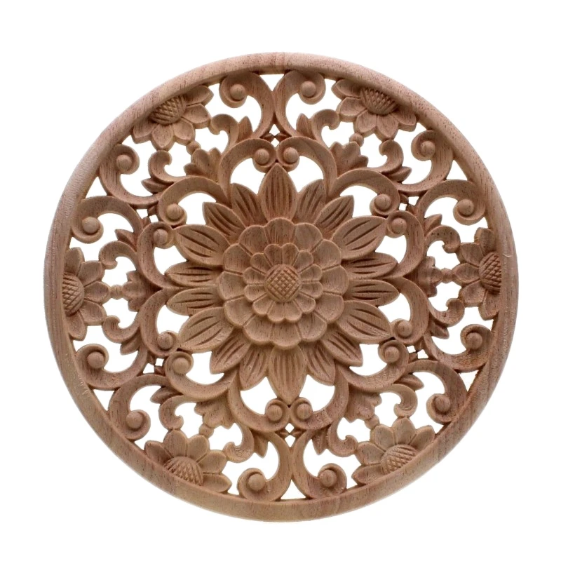 Carved Flower Carving Round Wood Appliques For Furniture Cabinet Unpainted Wooden Mouldings Decal Decorative Figurine