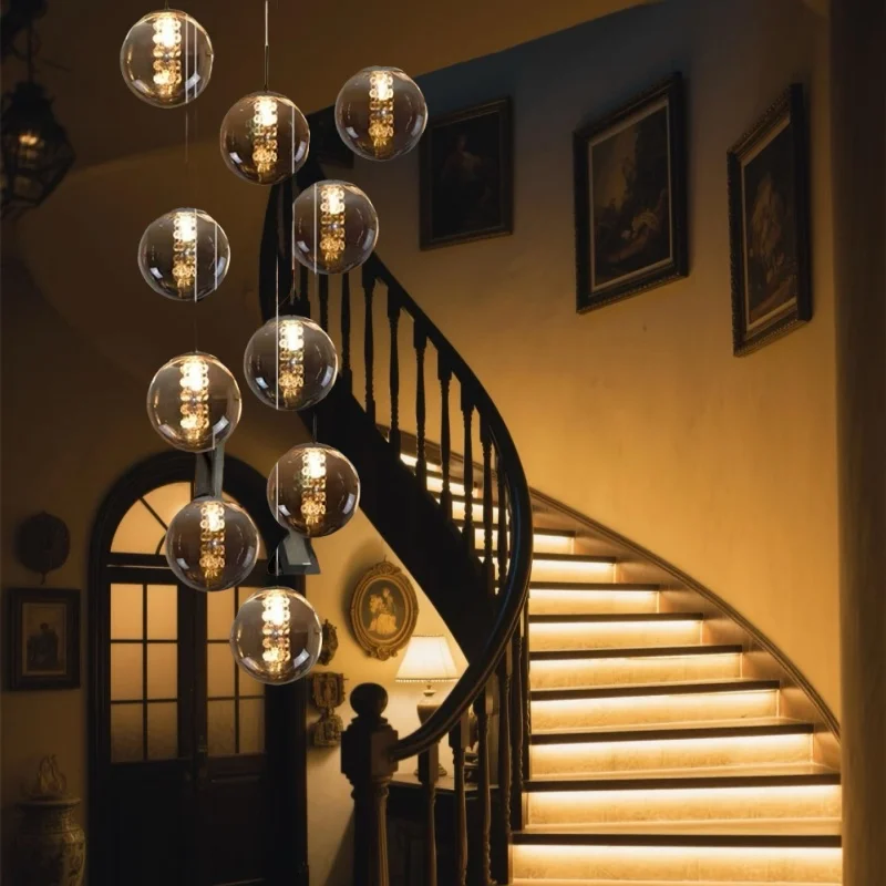 

2025 New Modern Glass Ball Chandelier Lustre Living Room Staircase Light Spiral Light G4 Led Hotel Chandelier Villa Lighting