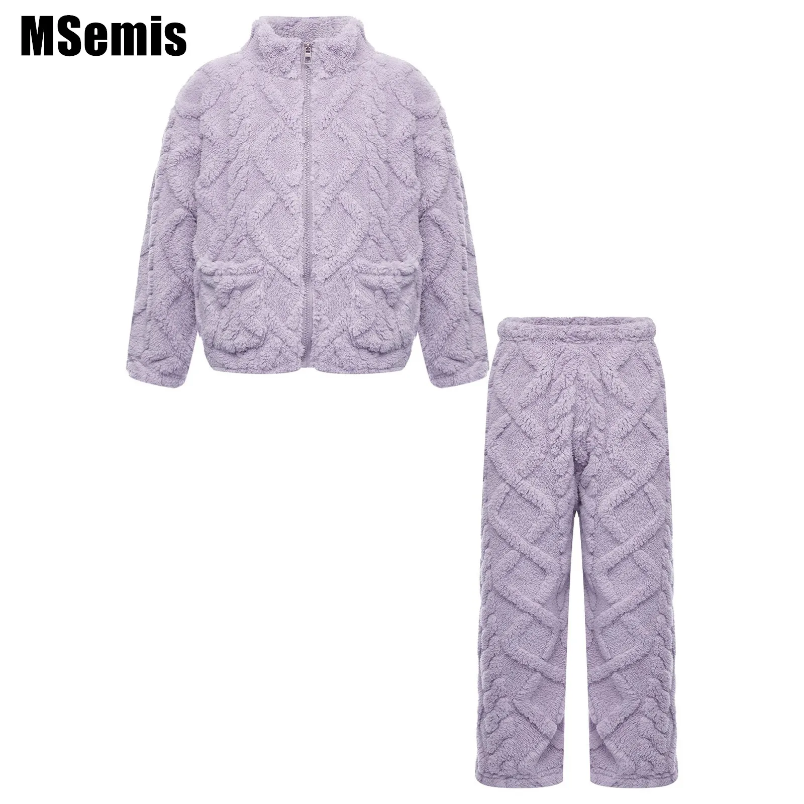 Kids Boys Girls Flannel Pajamas Set Homewear Unisex Children Nightwear Loungewear Stand Collar Zipper Tops with Pants