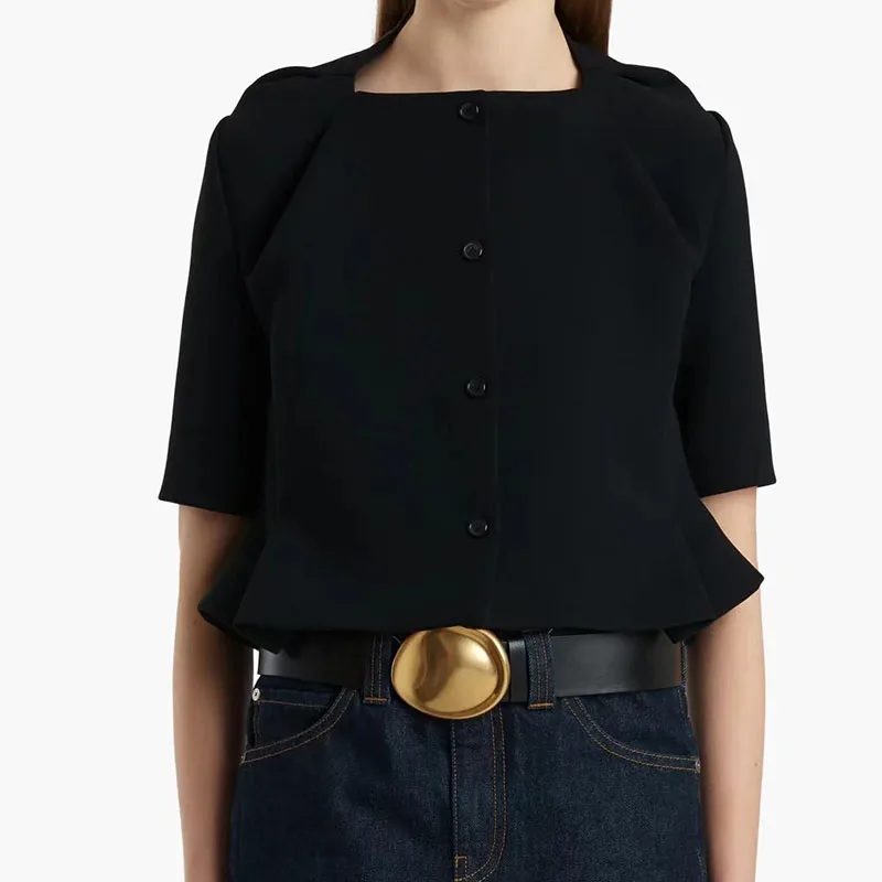 Square-necked mid-length sleeve fitted blouse with a waistline - elegant and figure-hugging women's business suit with pleats