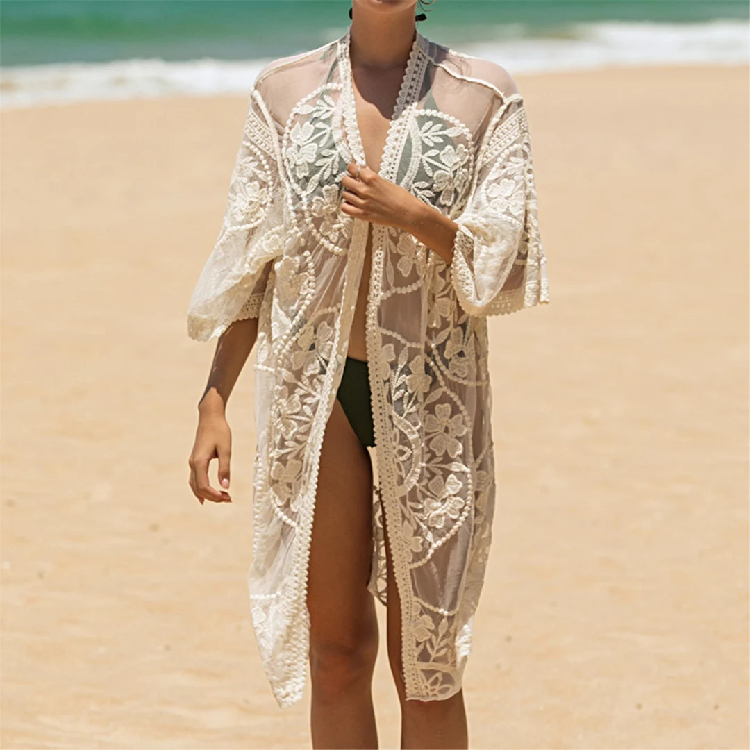 Sexy 3-Farben-Spitzenstickerei-Häkel-Strick-Tunika, Strand-Überwurf, Strandkleid, Strandmode, Damen V4065 – Detail 23