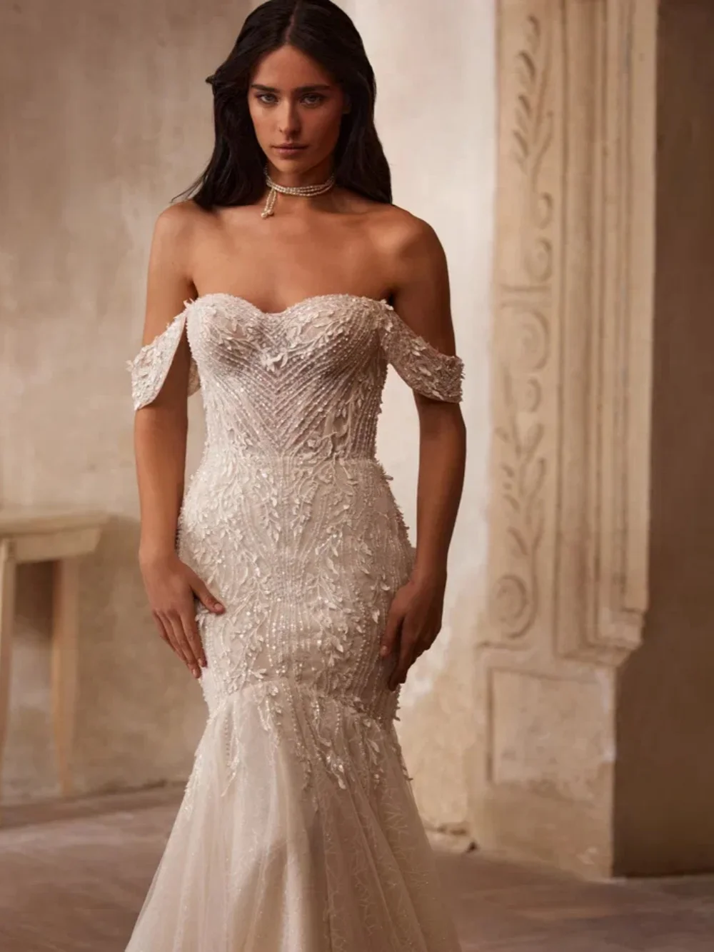 Abito da sposa con applicazioni di perline abbaglianti Abito da sposa con scollo a cuore da sogno Abiti da sirena con spalle scoperte personalizzati per la sposa
