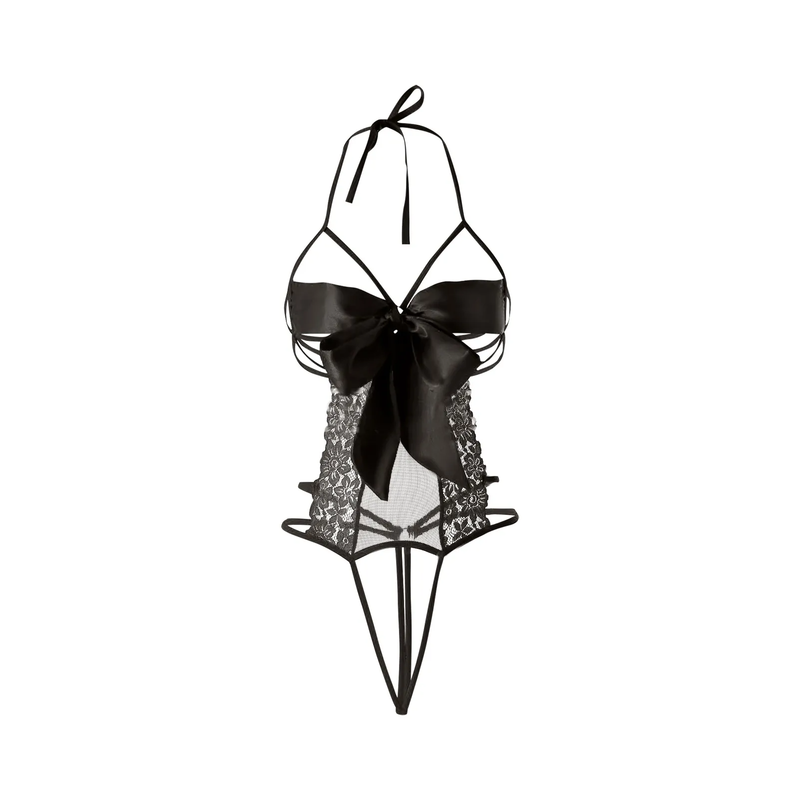 ชุดชั้นในแสนสนุกสำหรับผู้หญิงชุดบอดี้สูทตาข่ายโปร่งเซ็กซี่ชุดนอนผ่าหน้าผ่าเปิดเปิดปิดแบบมีสายคล้องคอ