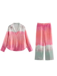 KAOPU ZA Women tie-dye printed long sleeves shirt or high waist side pocket wide-leg trousers two pieces sets mujer