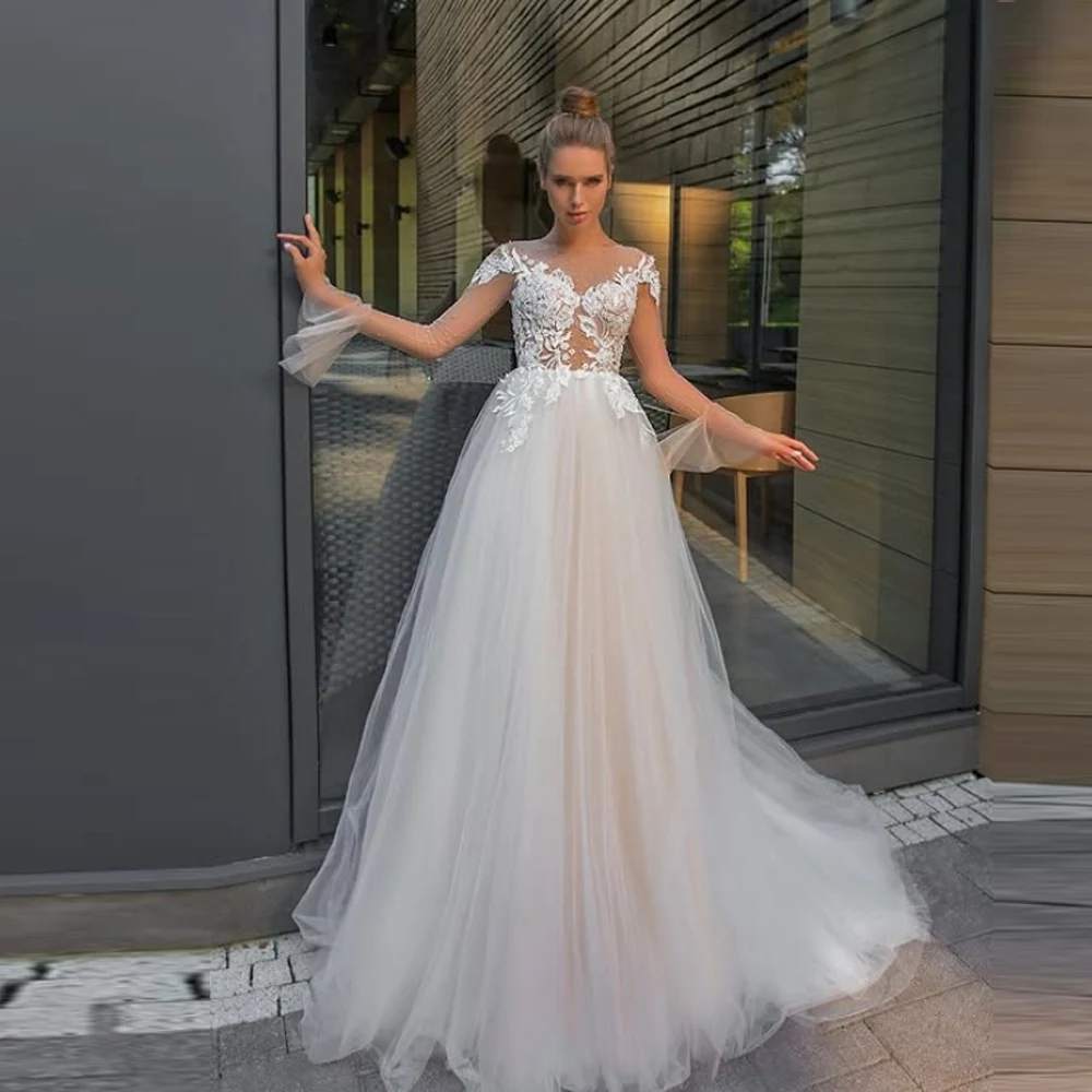 

Delicate A-Line Women Wedding Dresses Sweetheart Collar Lace Printing Bridal Gowns Mopping Length Vestidos De Novias Customized