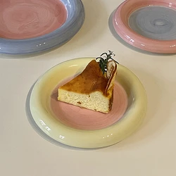 15/20CM Korean Cute Splicing Color Style Ceramic Dessert Plate Cake Salad Dim Sum Plate Chubby Hand Painted Watercolor Plate