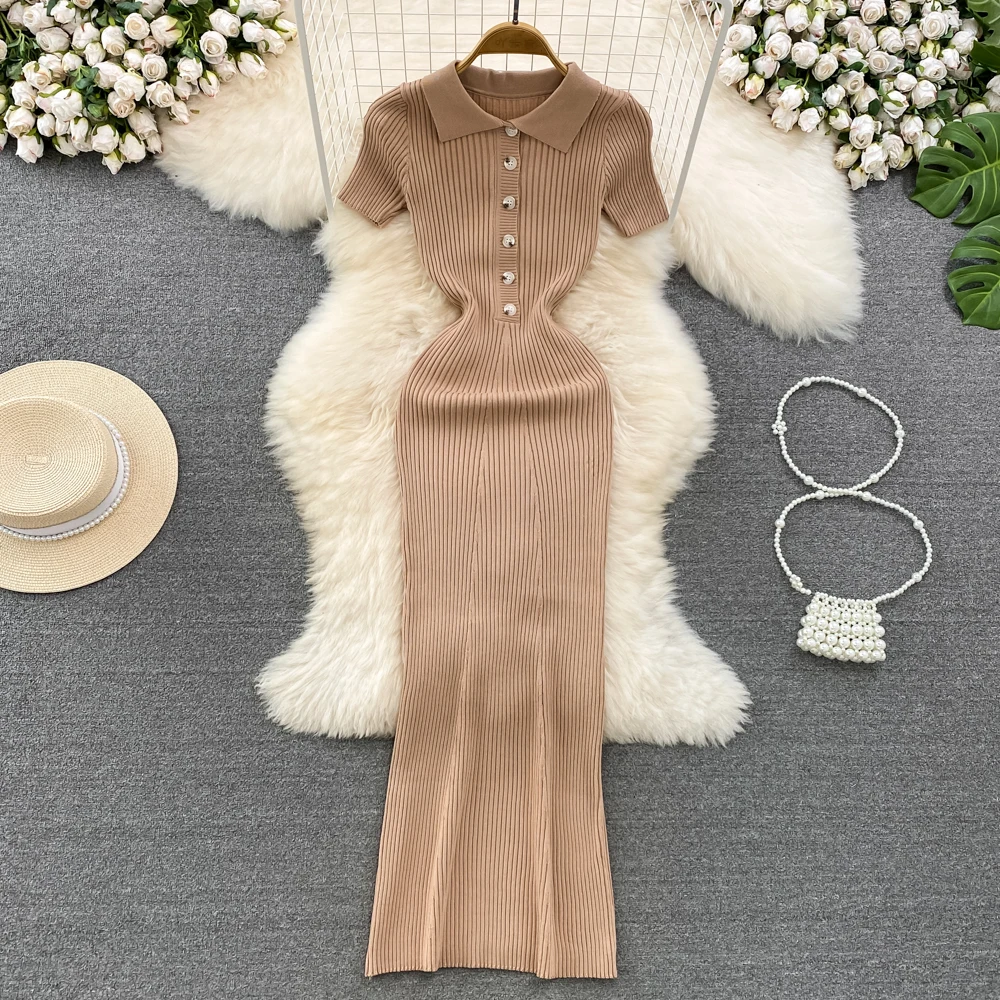 REALEFT Summer 2024 New Women's Polo Knitted Long Dresses Solid Elegant Short Sleeve Buttons Bodycon Wrap Dress Female