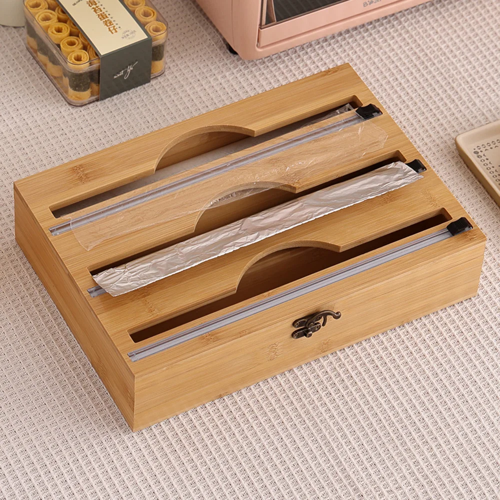 New 3 In 1 Bamboo Wrap Dispenser Storage For Aluminum Foil With Cutter Cling Film Holder Kitchen Accessories Organizer