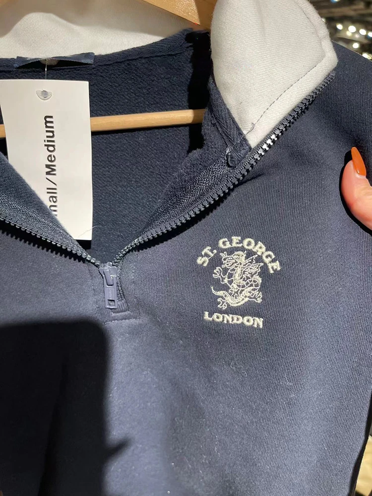 Vintage Dinosaur Embroidery Sweatshirts Autumn Cotton Half Turtleneck Zip-up Loose Pullovers Women Y2k Streetwear Casual Hoodie