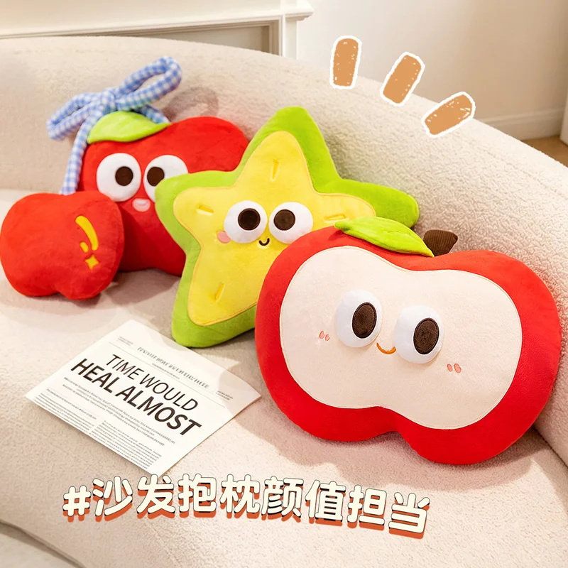 Fruit Plush Pillow Apple Cherry Starfruit Big Eyed Stuffed Cushion for Sofa Rest with Cute Food Design Housewarming Gift