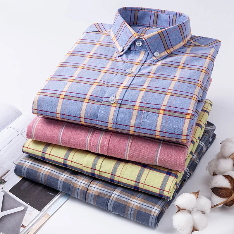6XL Spring and Autumn new men's 100% cotton long sleeve shirt plus size plaid casual comfort Oxford woven pocket free iron