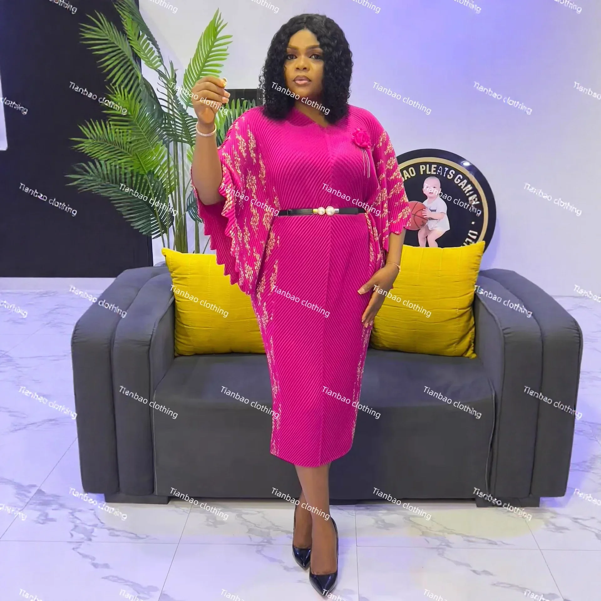 

Miyake Pleated Temperament Dress Women's Versatile V-neck High-end Loose Bat Sleeve Medium and Long Skirt 2025 Summer New