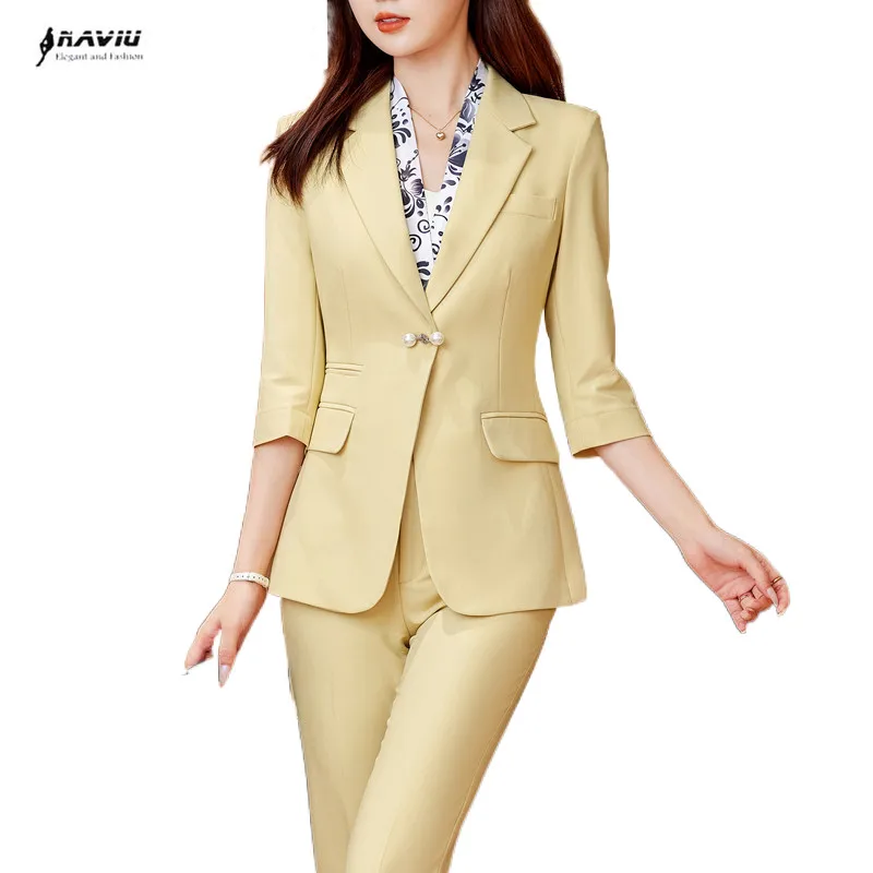 Yellow Suits Women Summer New Temperament Style Professional Casual Slim Blazer And Pants Two Piece Sets Office Ladies Work Wear