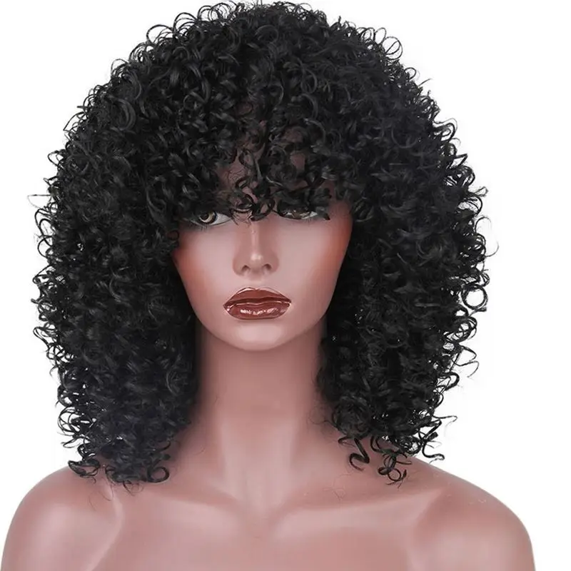 Synthetic Curly Wigs for Women Afro Curly Wig with Bangs Natural Black Hair Synthetic Heat Resistant Full Wigs