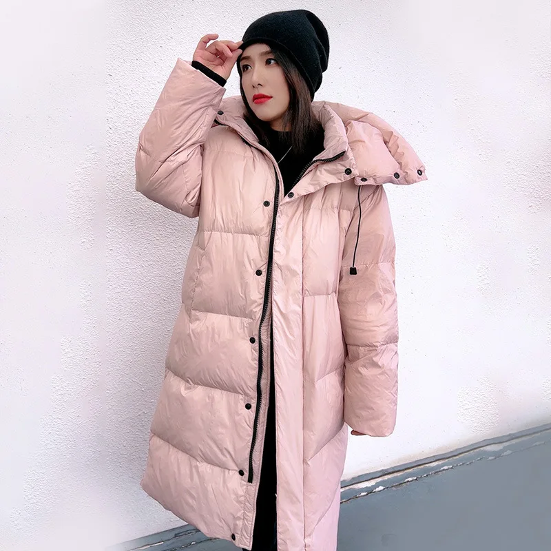 Long length large size down jacket women\'s new winter fashion version of loose and thick warm hooded white duck down coat