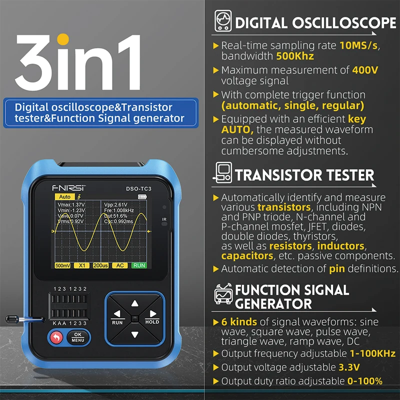 FNIRSI DSO-TC3 Digital Oscilloscope Transistor Tester Signal Generator 3 in1 500Khz 10MSa/s Capacitor Resistor Diode 100K Output